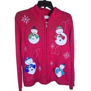 Vintage Classic Elements Christmas snowman zip front cardigan sweater woman's LP